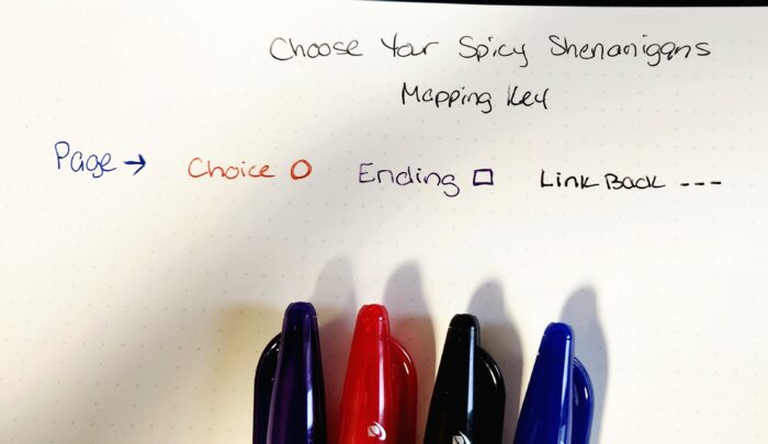 Rocket Book photo of colorful pens and map key for Choose Your Own Spicy Shenanigans 